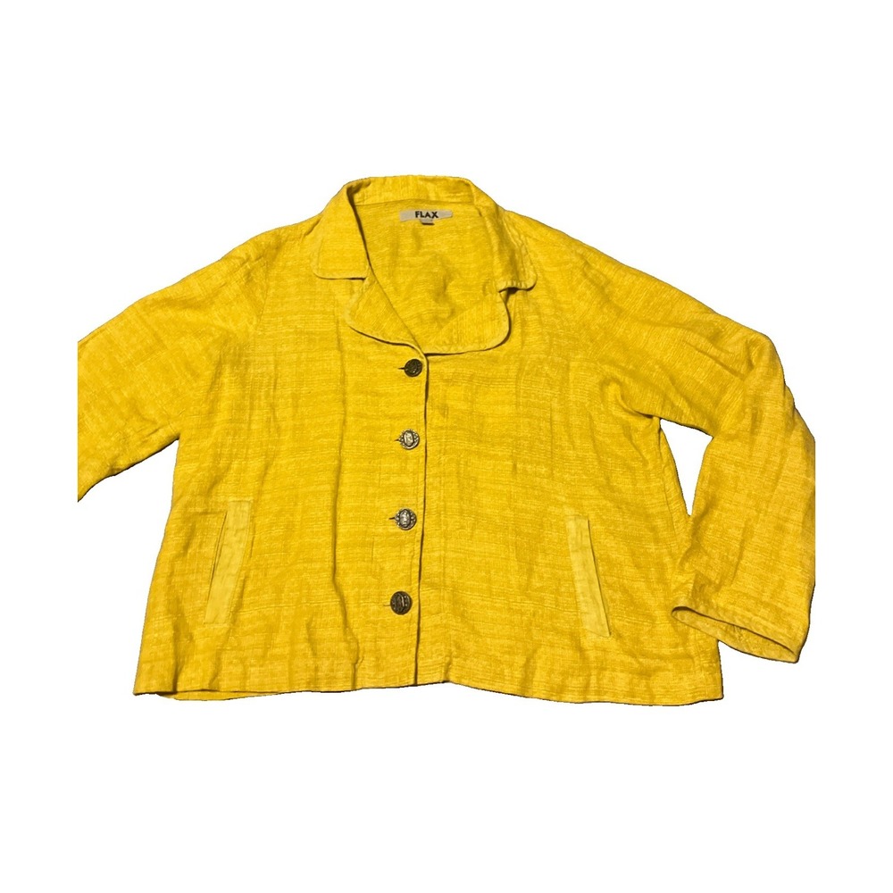 Flax Blazer Jacket Womens S Yellow 100% Linen Woven Button Up